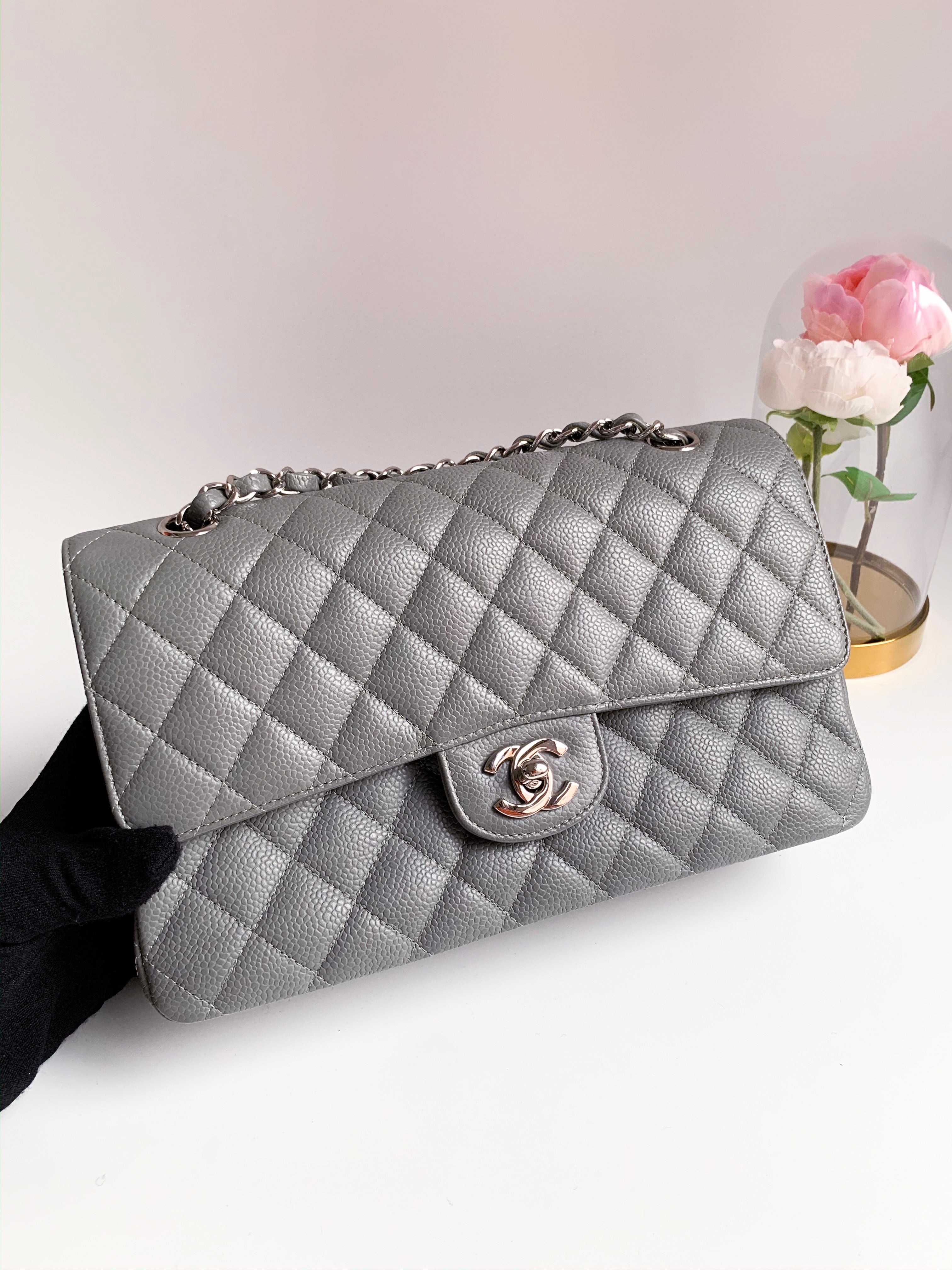 Chanel Grey Caviar Small Classic Double Flap Bag Light Gold Hardware   Madison Avenue Couture