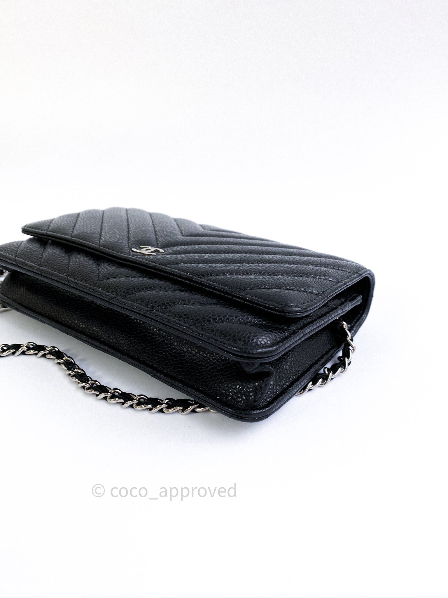 CHANEL Caviar Chevron Quilted Wallet On Chain WOC Black 1266818