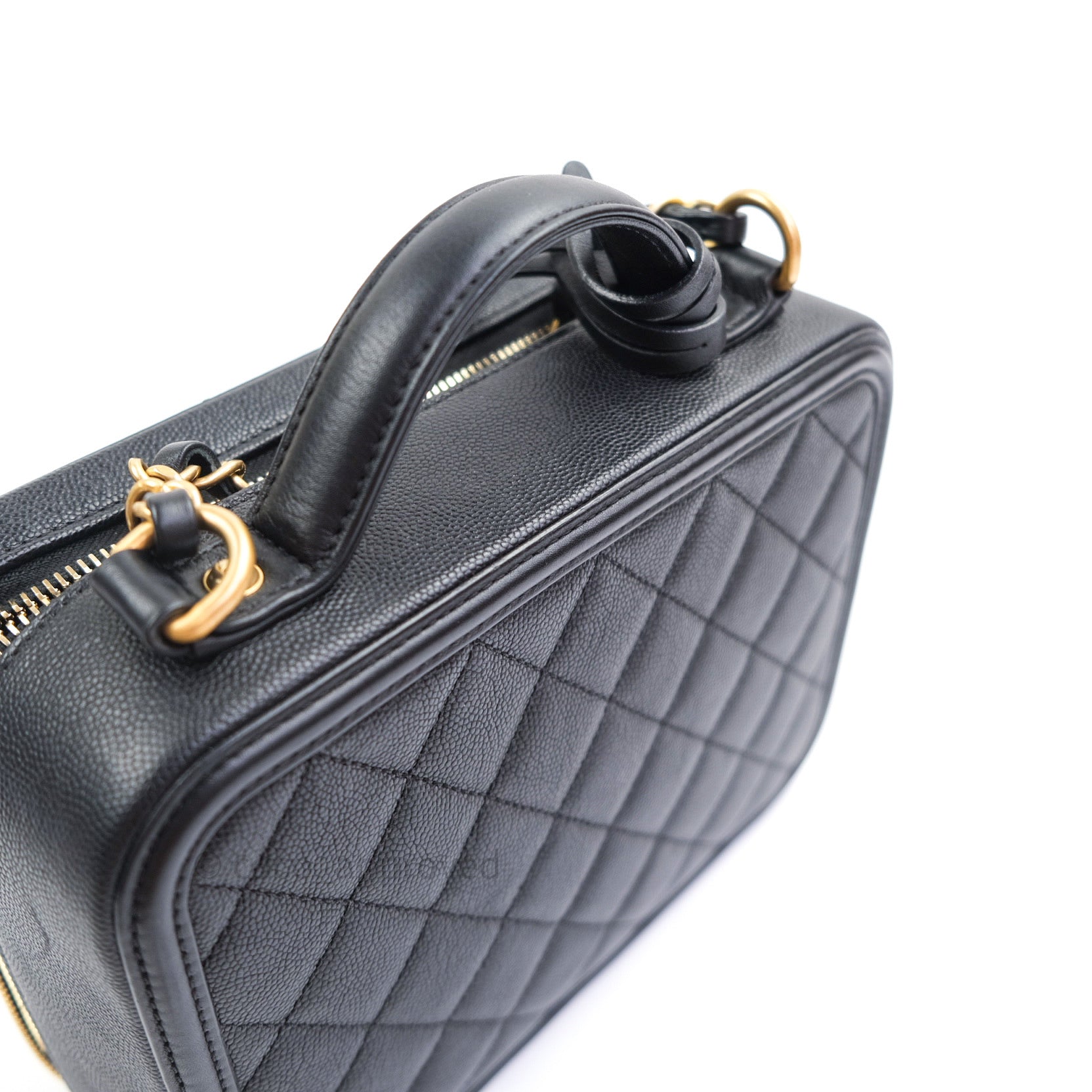 Chanel Quilted Medium CC Filigree Vanity Case Black Caviar Gold Hardwa –  Coco Approved Studio