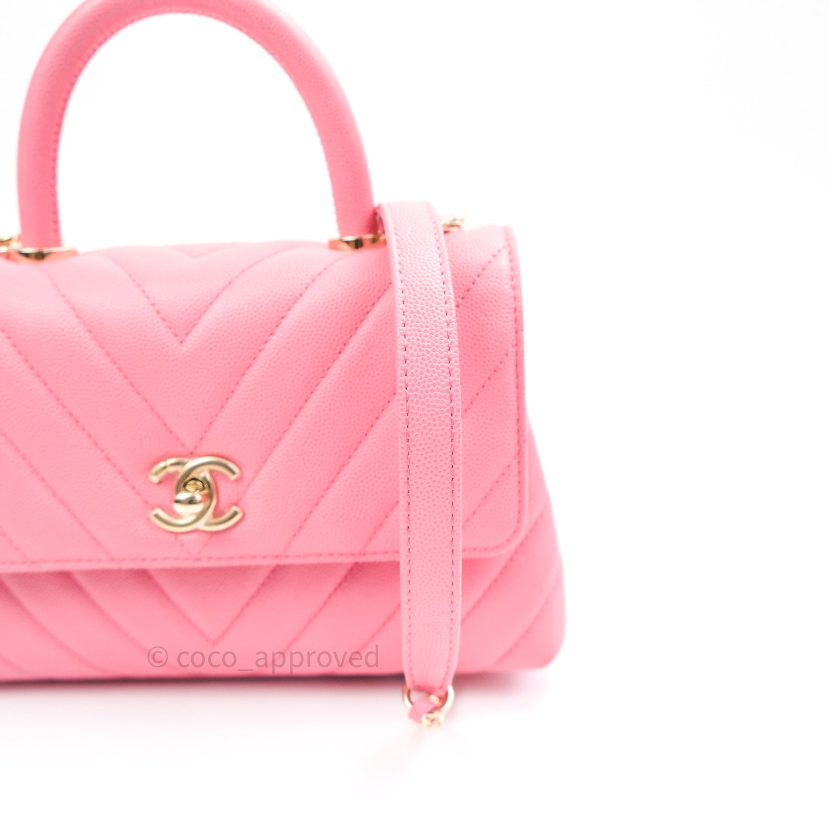 Chanel Mini Coco Handle Chevron Pink Caviar Quilted Gold Hardware