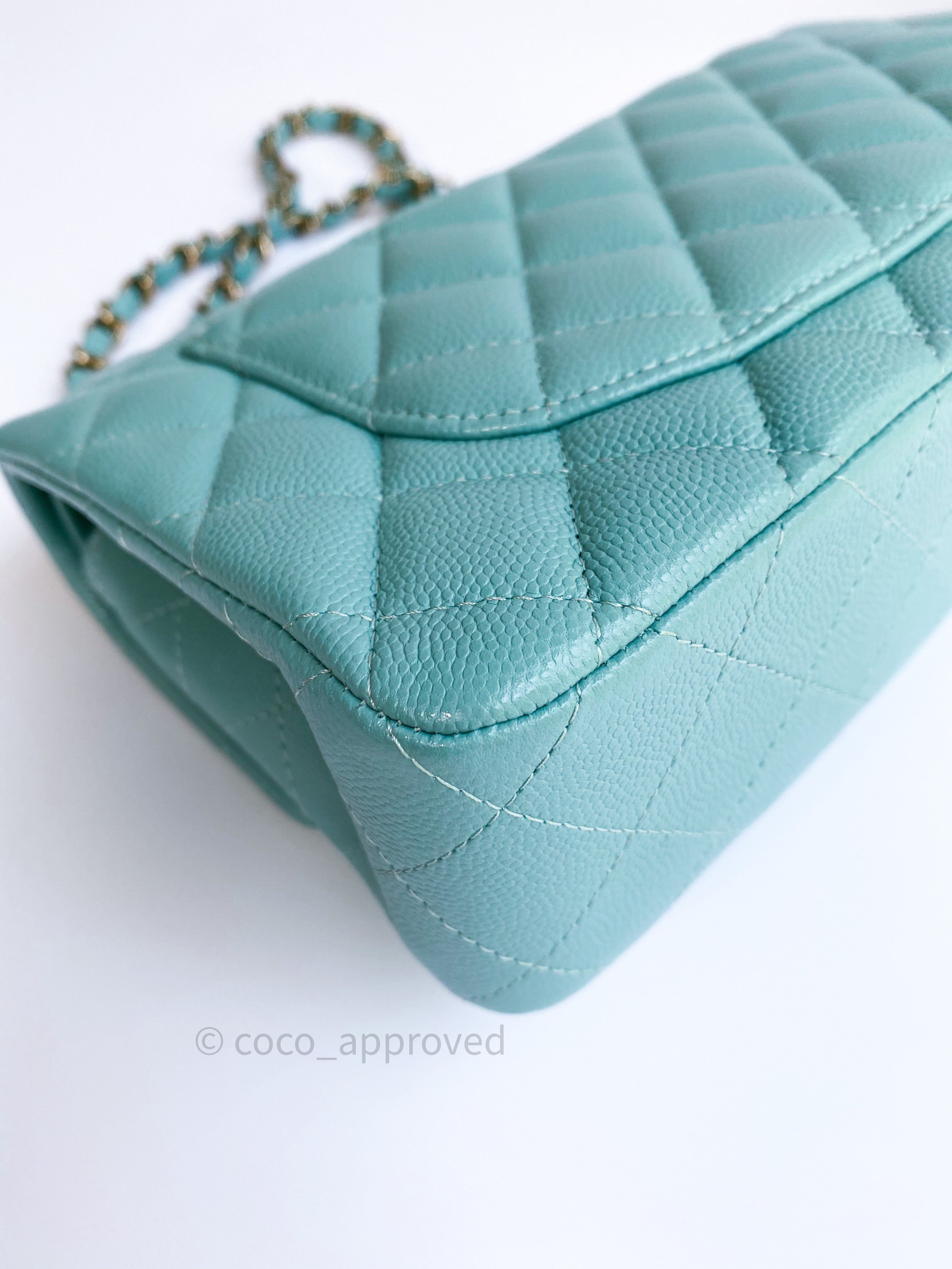 CHANEL Small Classic Double Flap Bag in 19C Tiffany Blue Lambskin