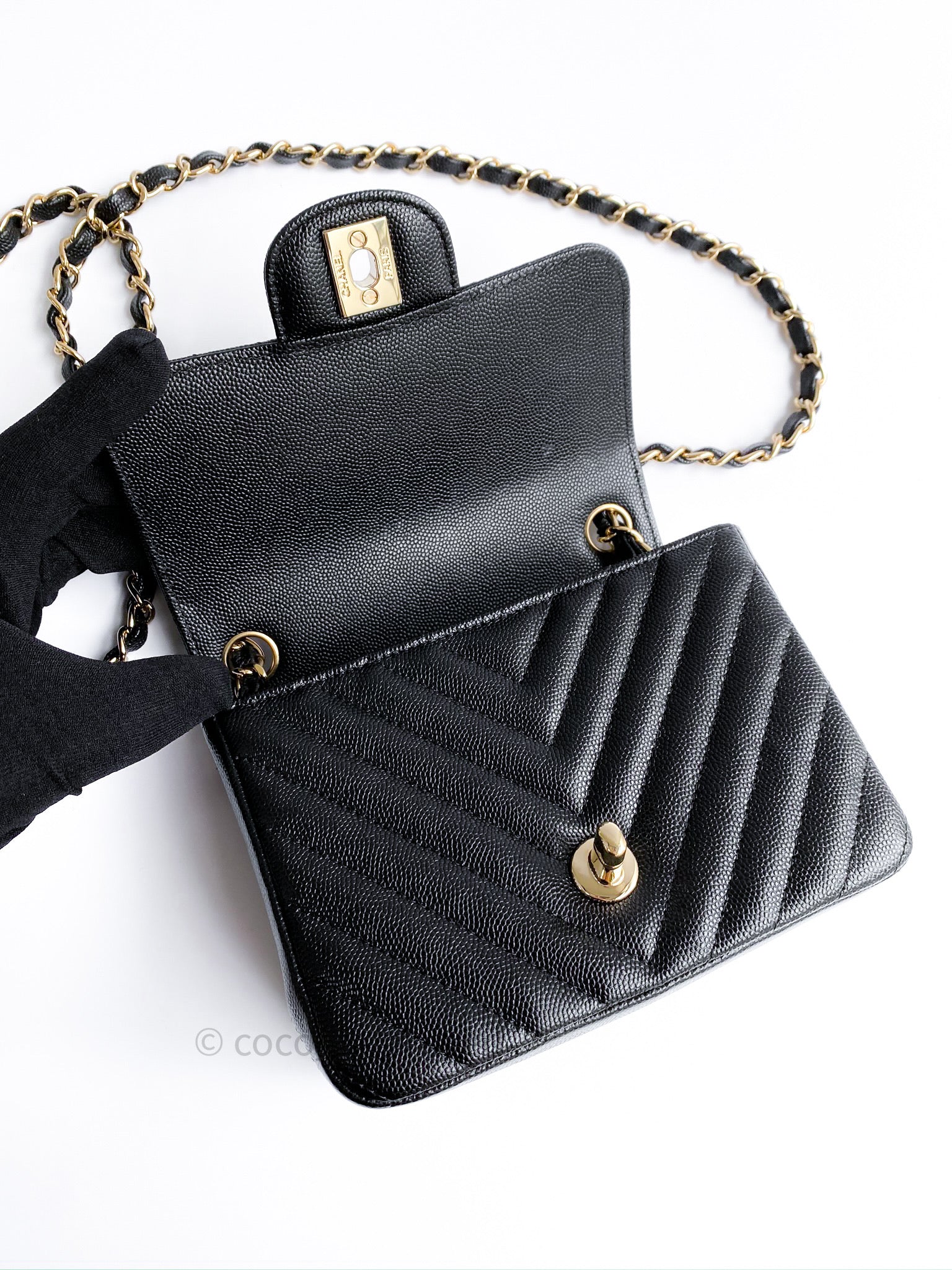 Chanel Classic Mini Square Black Quilted Caviar with 24k gold plated  hardware
