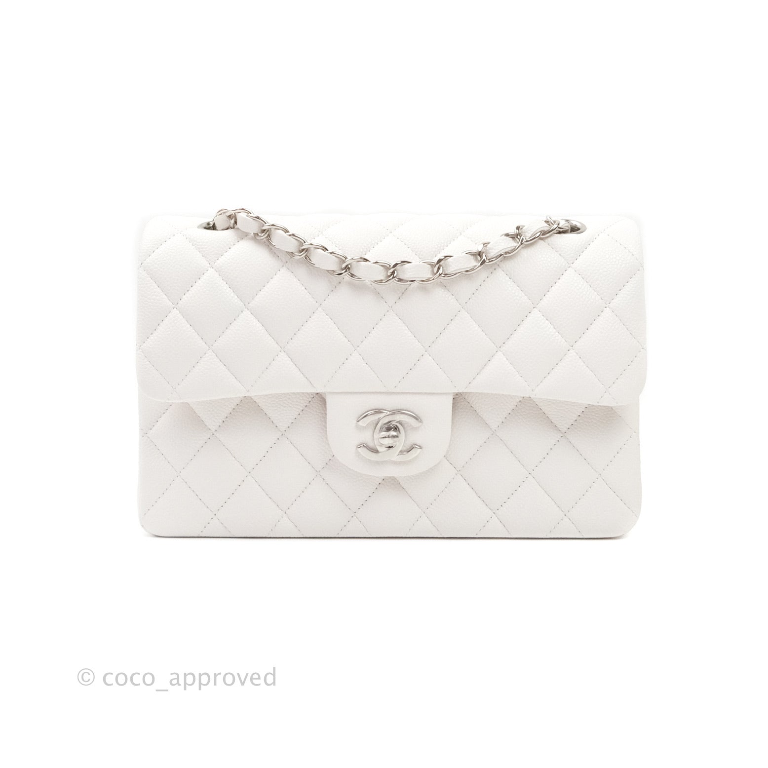Chanel Classic Small S/M Flap White Caviar Silver Hardware – Coco Approved  Studio