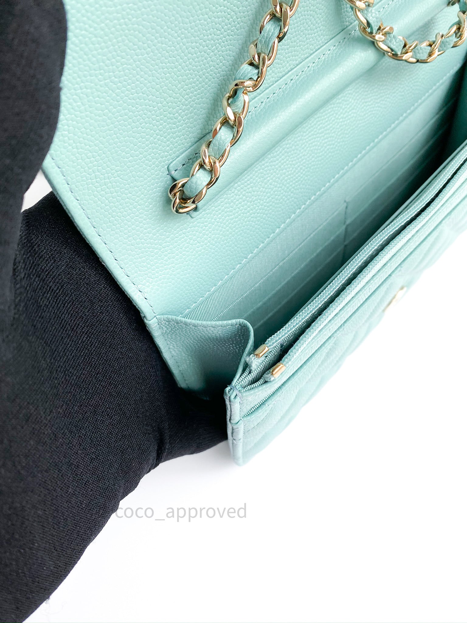 Chanel Quilted Wallet on Chain WOC Tiffany Blue Caviar Light Gold Hard – Coco  Approved Studio
