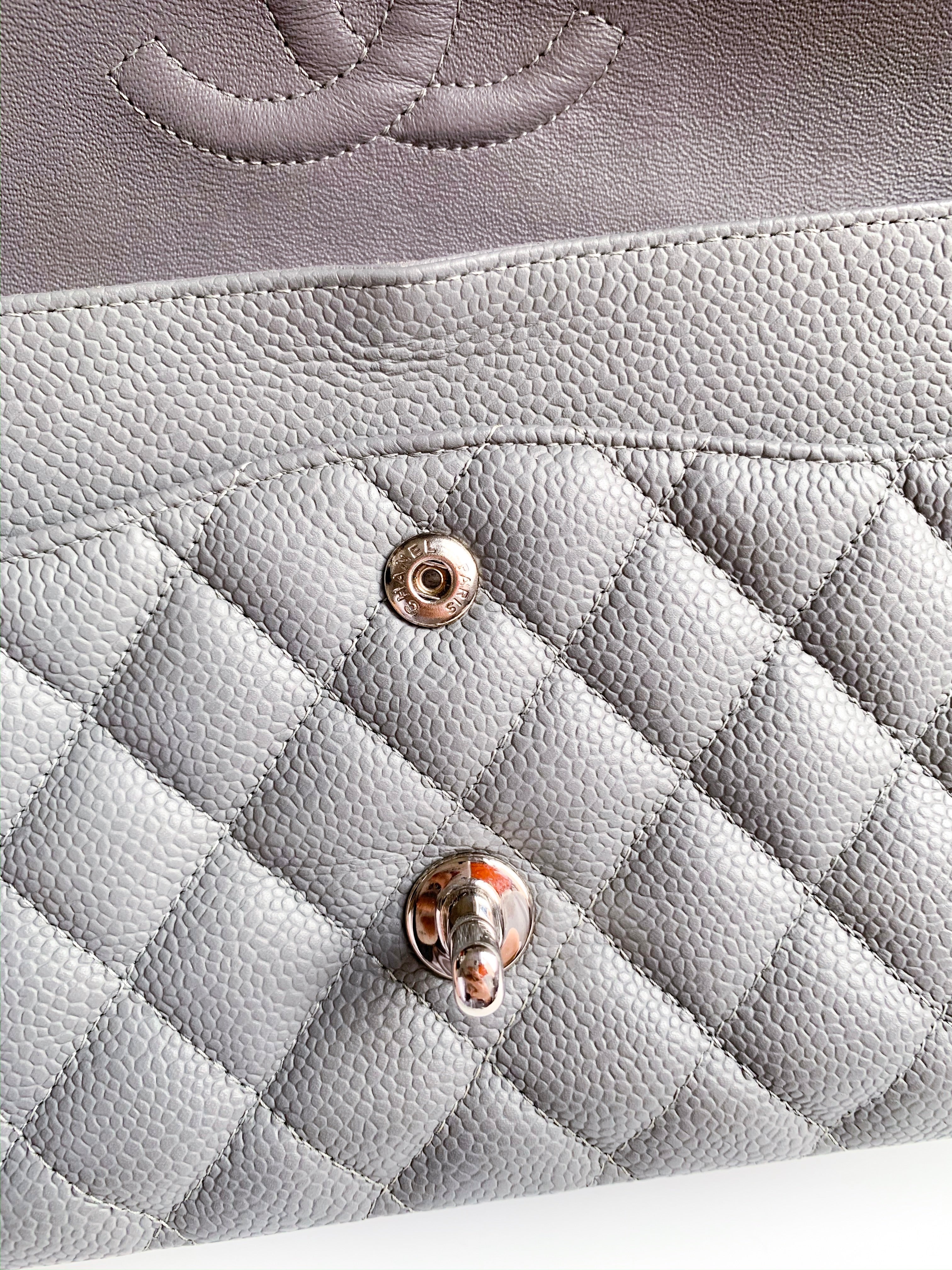 Chanel Medium Classic Double Flap Bag Metallic Grey Lambskin Silver Hardware