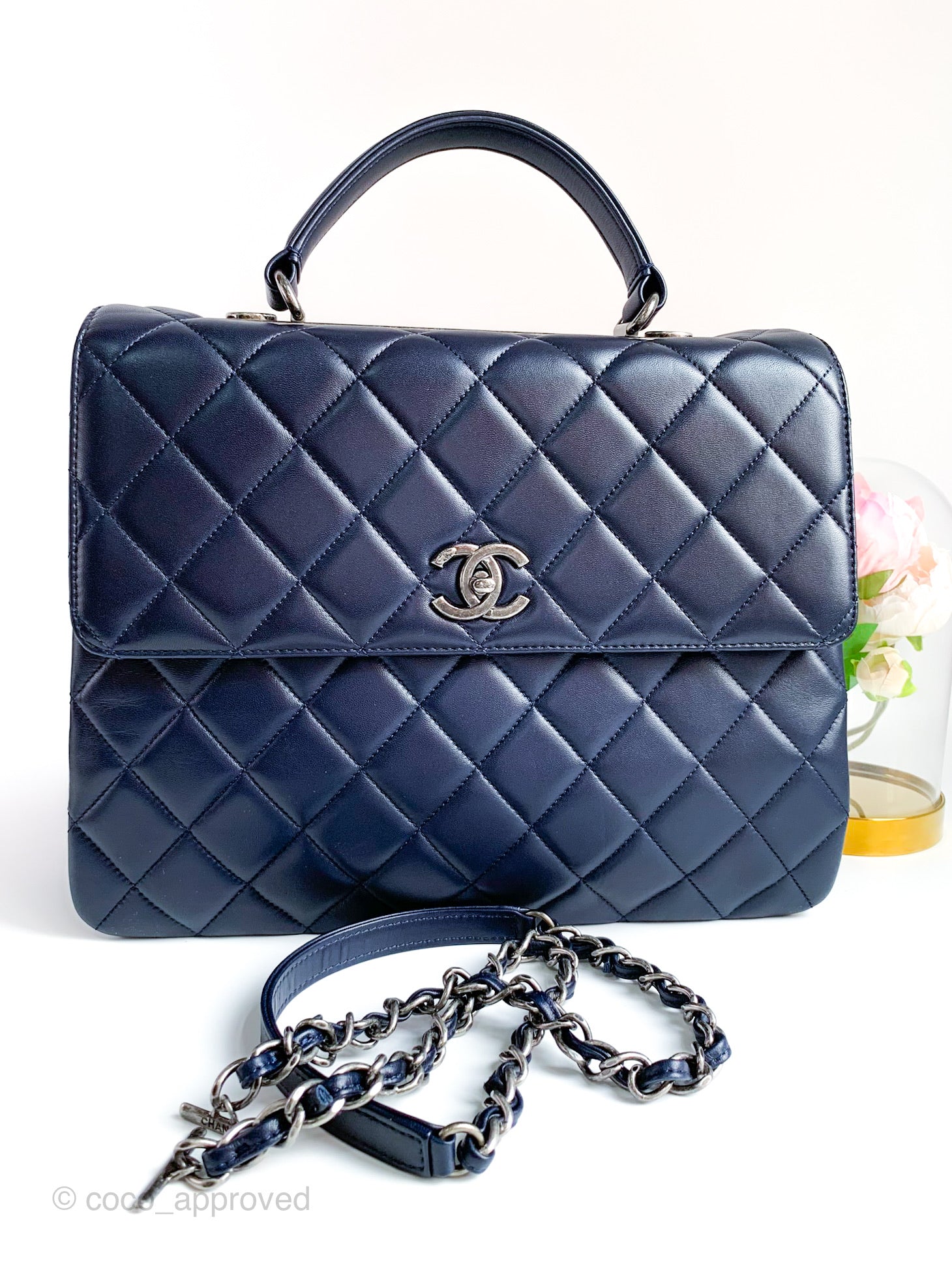 Chanel Quilted Large Trendy CC Handle Flap Bag Navy Ruthenium