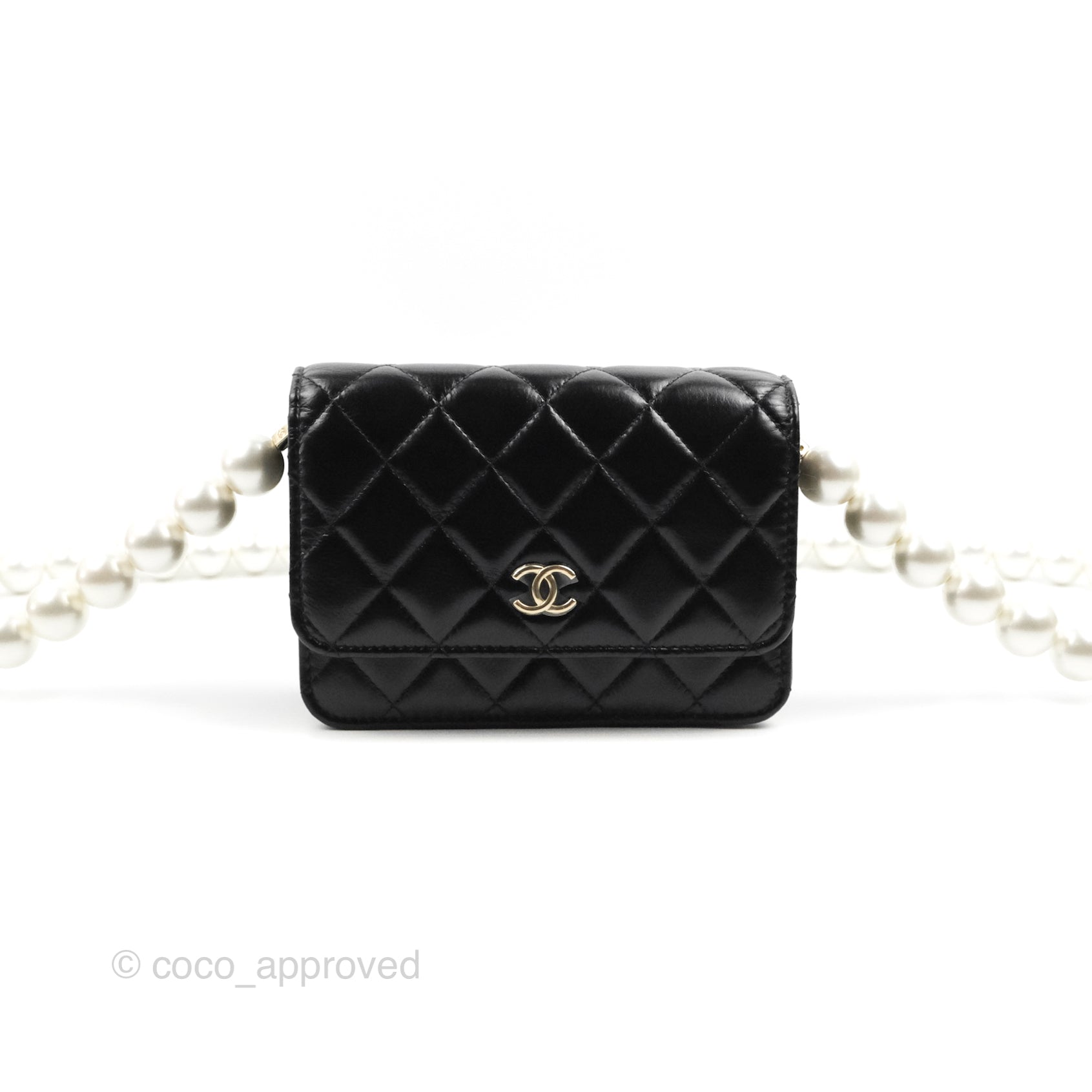 Chanel Quilted Large Pearl Mini Wallet On Chain WOC Black Calfskin