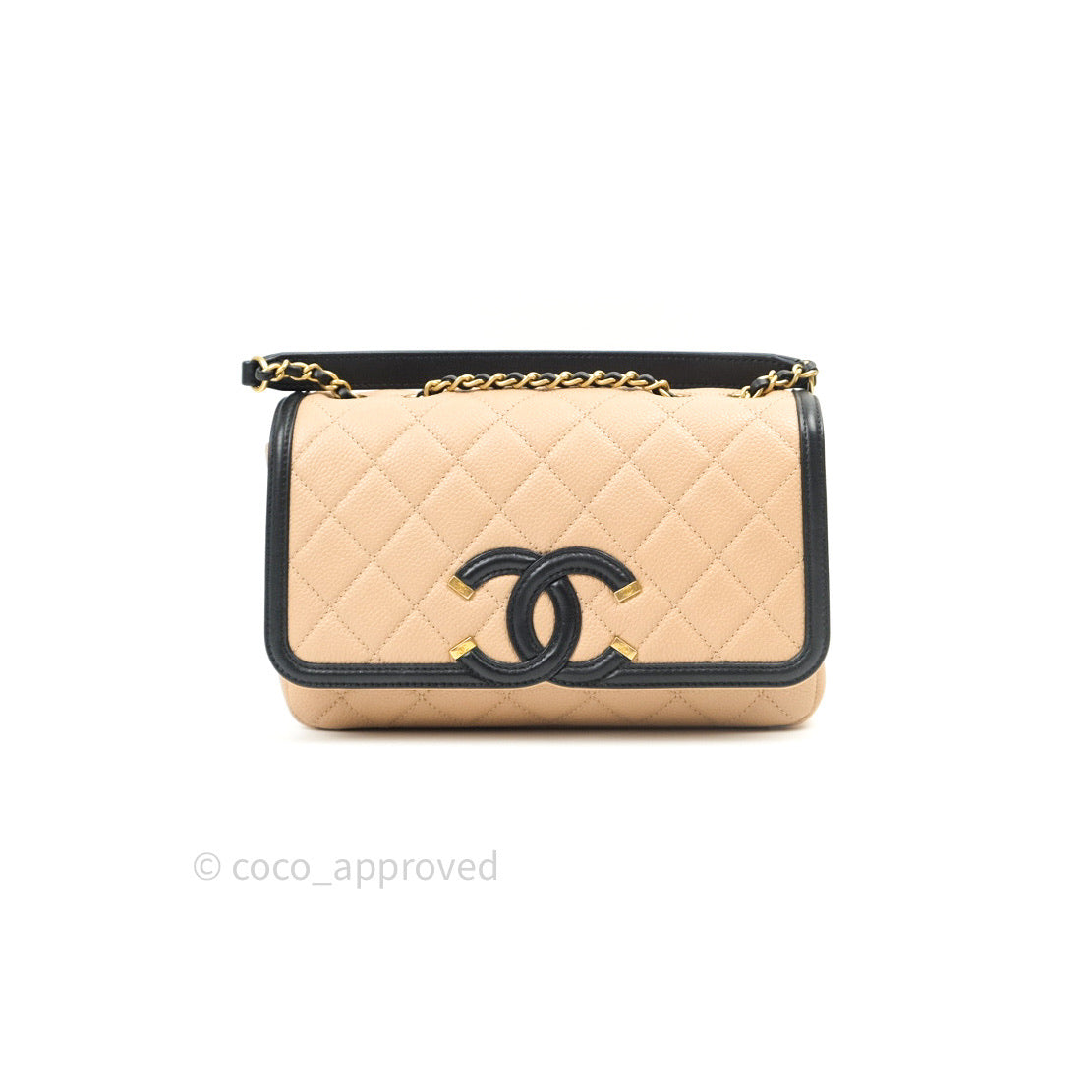 CHANEL Caviar Quilted Small CC Filigree Flap Beige Black 1296060