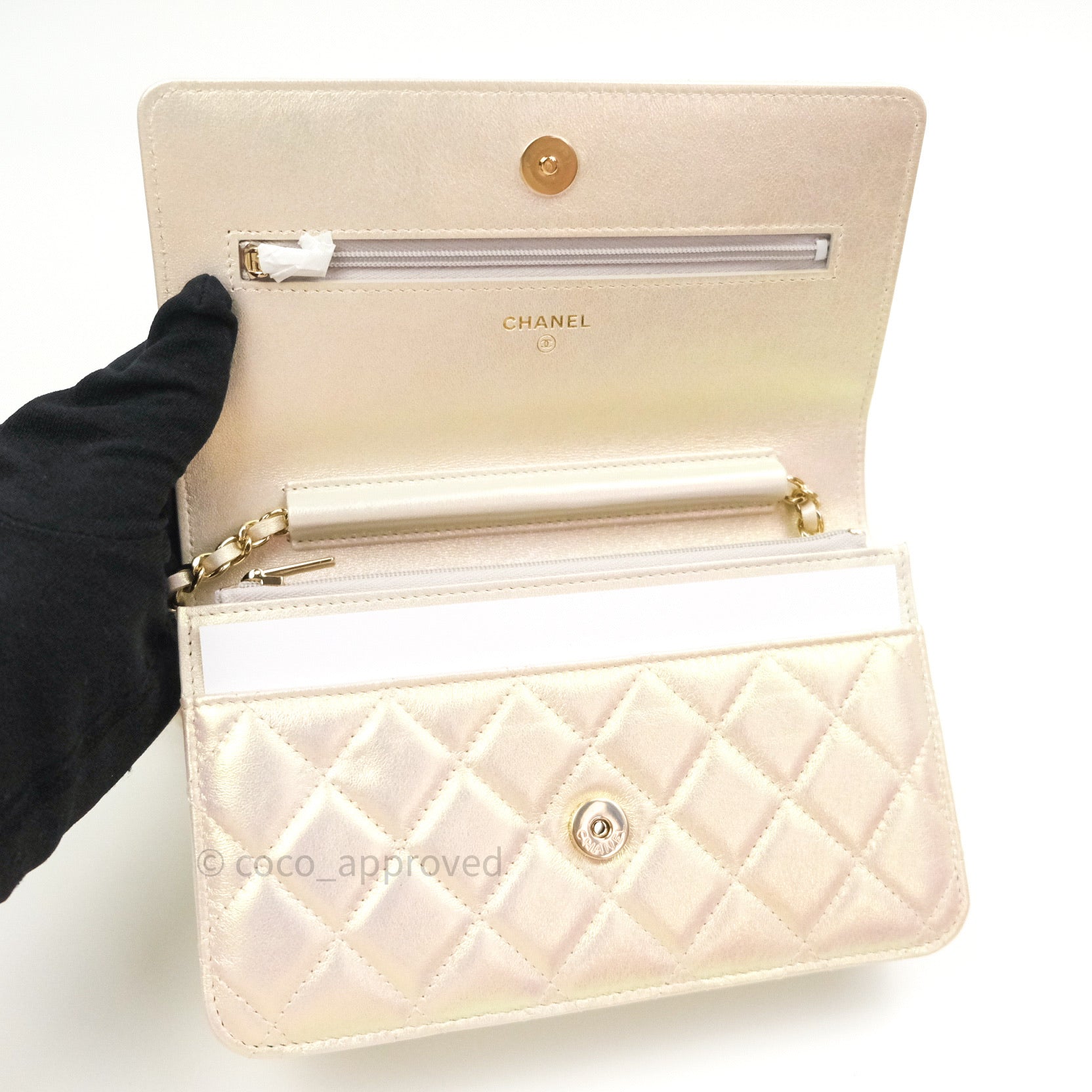 Chanel Quilted Wallet on Chain WOC Iridescent Ivory Gold Hardware