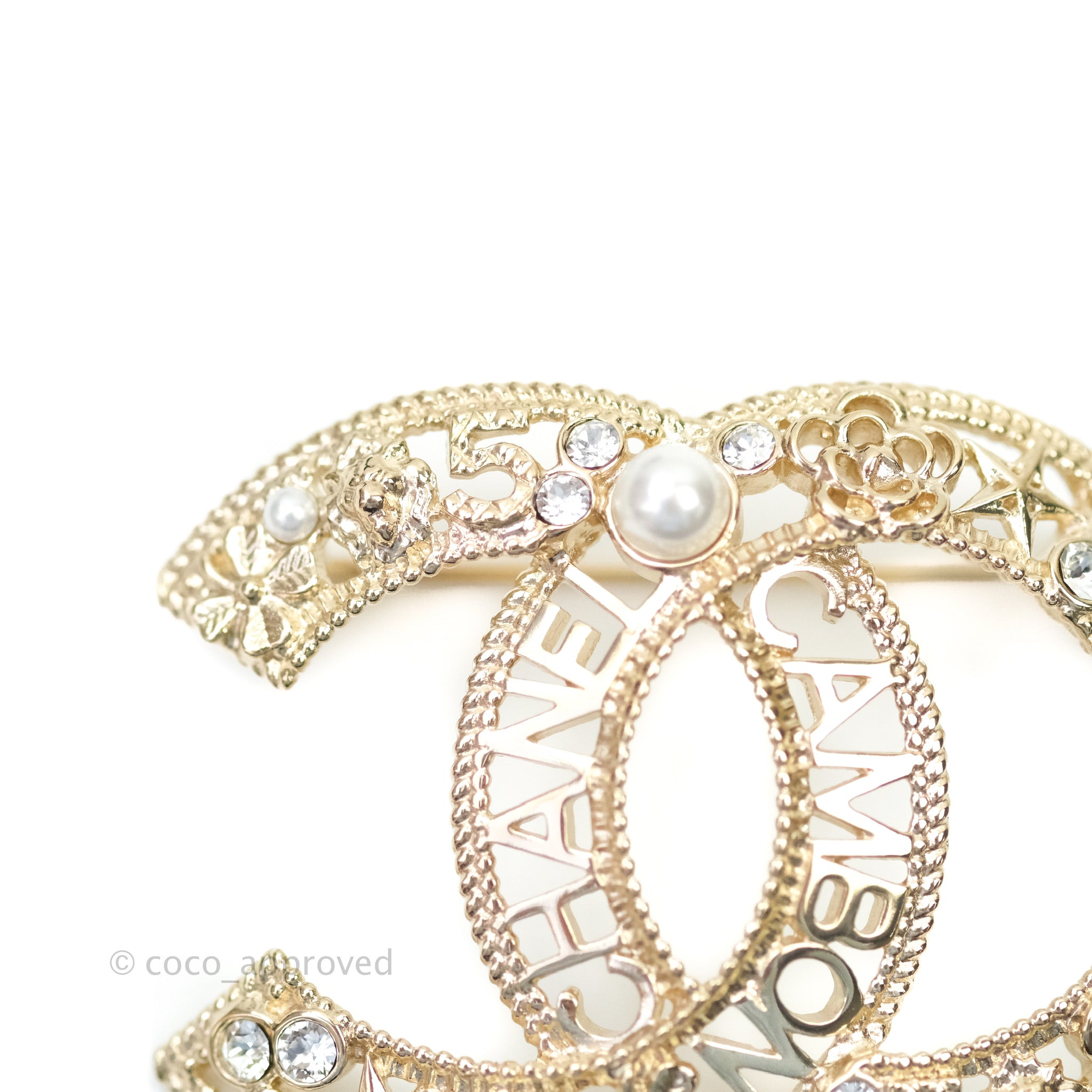 Chanel CC Cambon Pearl Crystal Brooch Gold Tone 21A – Coco