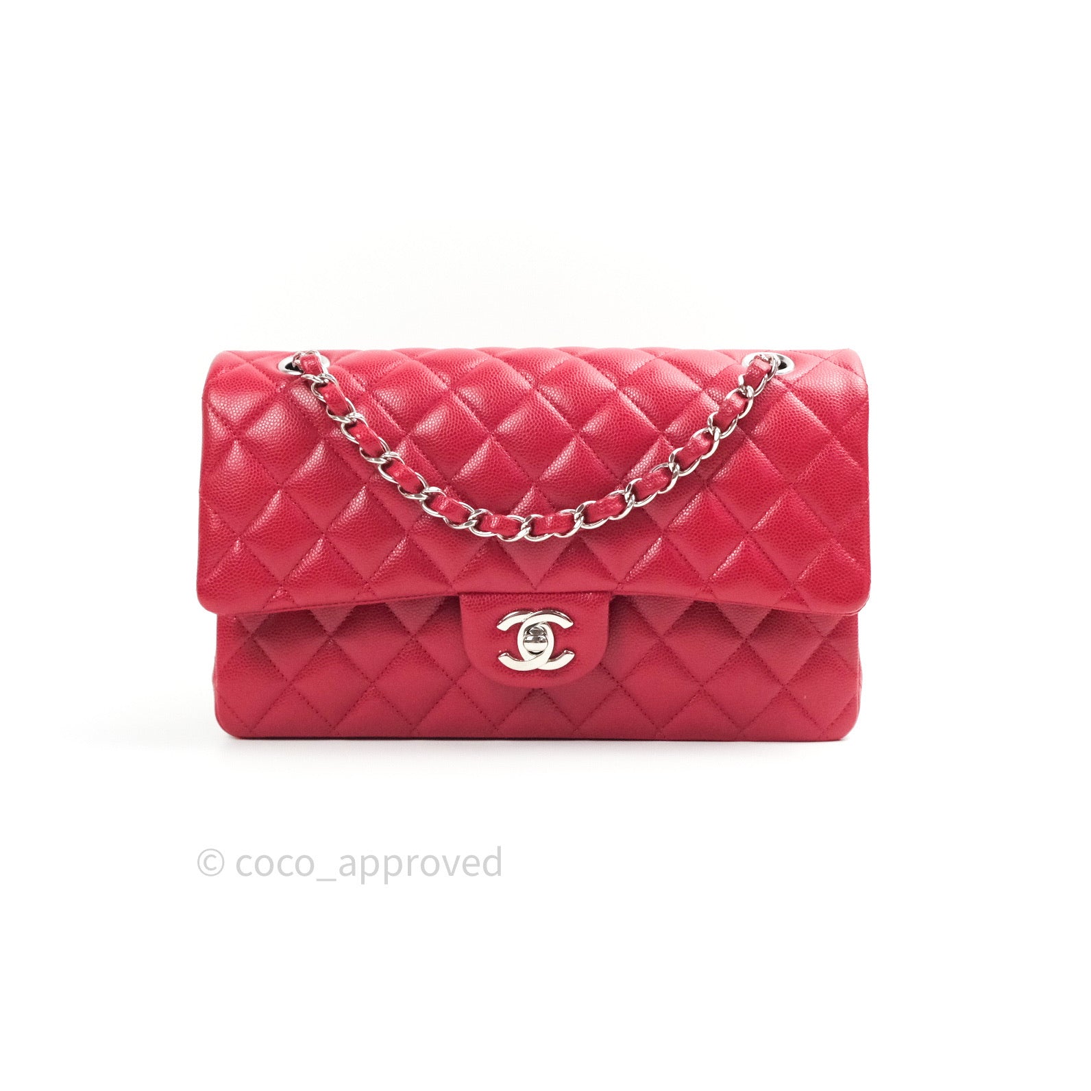 Chanel Classic M/L Medium Double Flap Bag Red Caviar Silver
