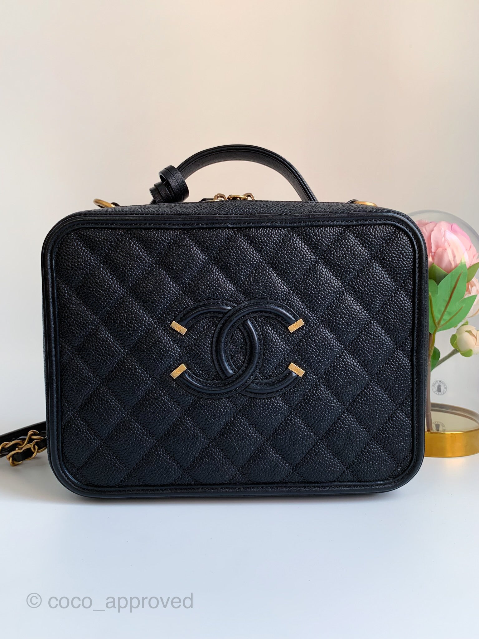 Chanel Large Black Part-Quilted Caviar Filigree Vanity Case by Ann's Fabulous Finds