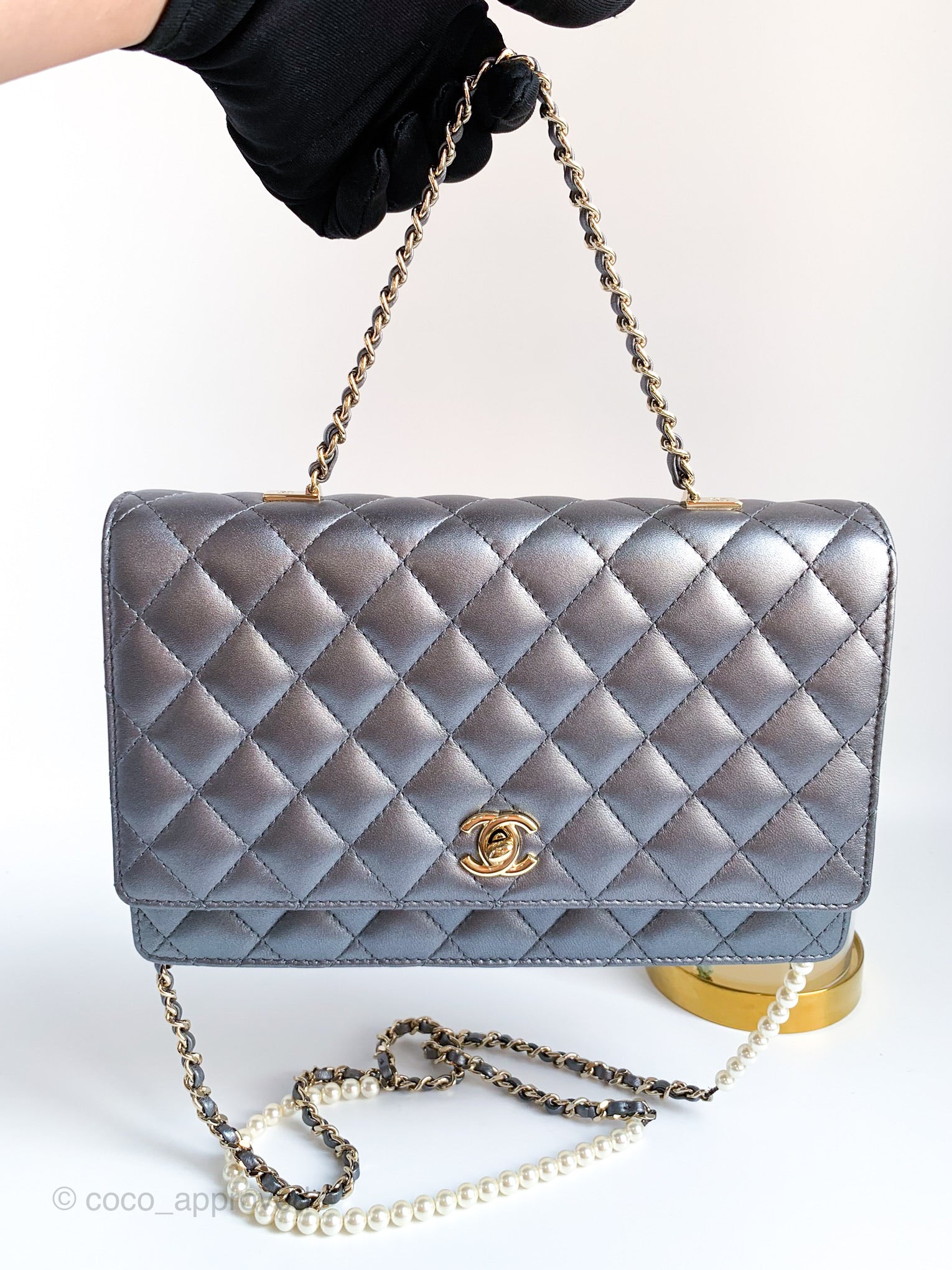 Chanel Light Gold Quilted Leather Fantasy Pearls Flap Bag - Yoogi's Closet