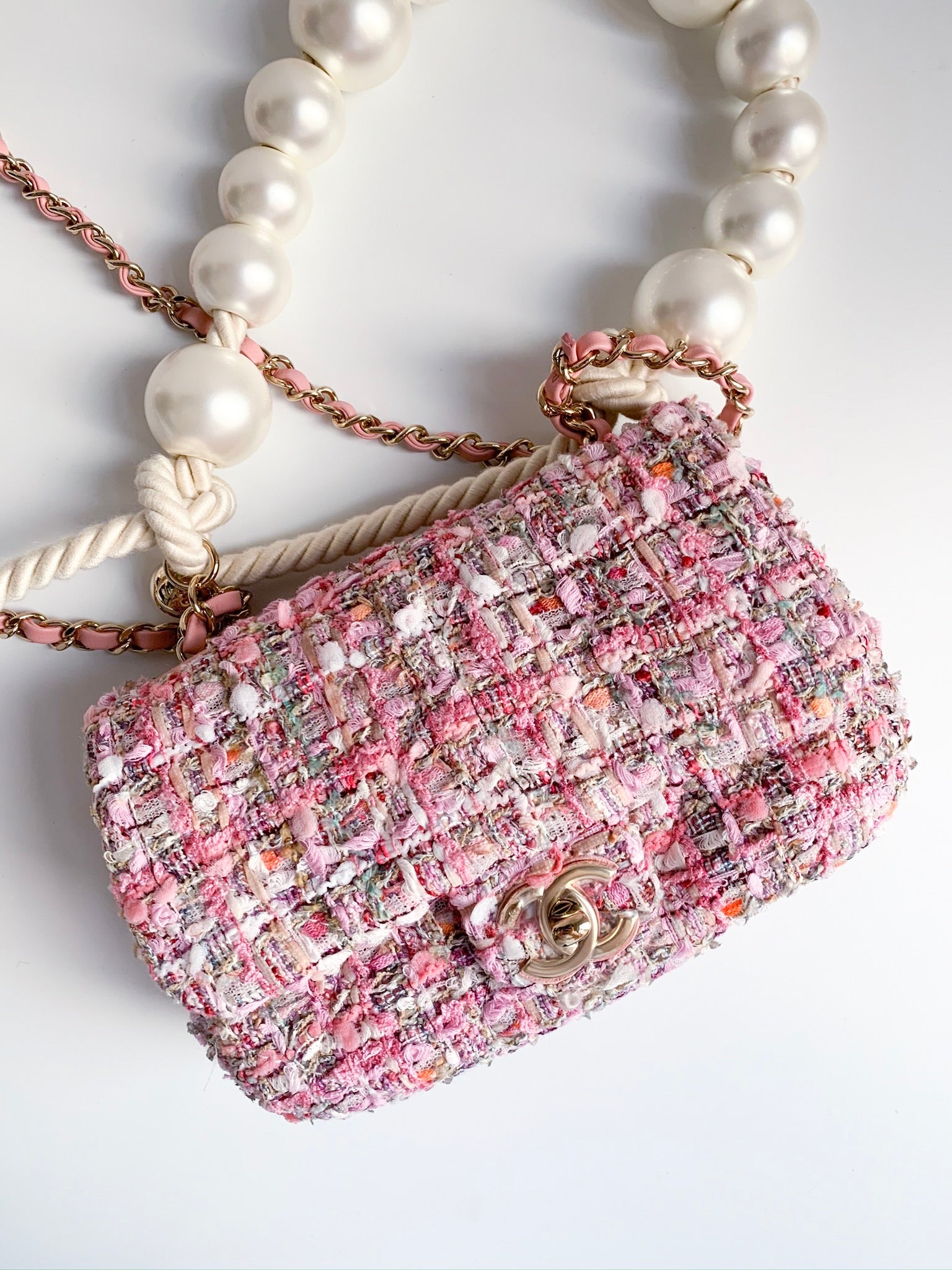 2019 Chanel Pink Tweed Fabric and Pearls Classic Single Flap Bag at 1stDibs