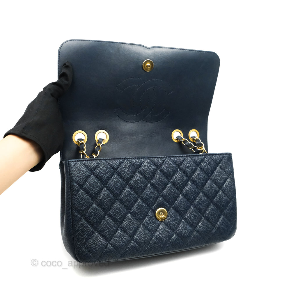 Chanel Quilted Medium CC Filigree Flap Navy Caviar Aged Gold Hardware