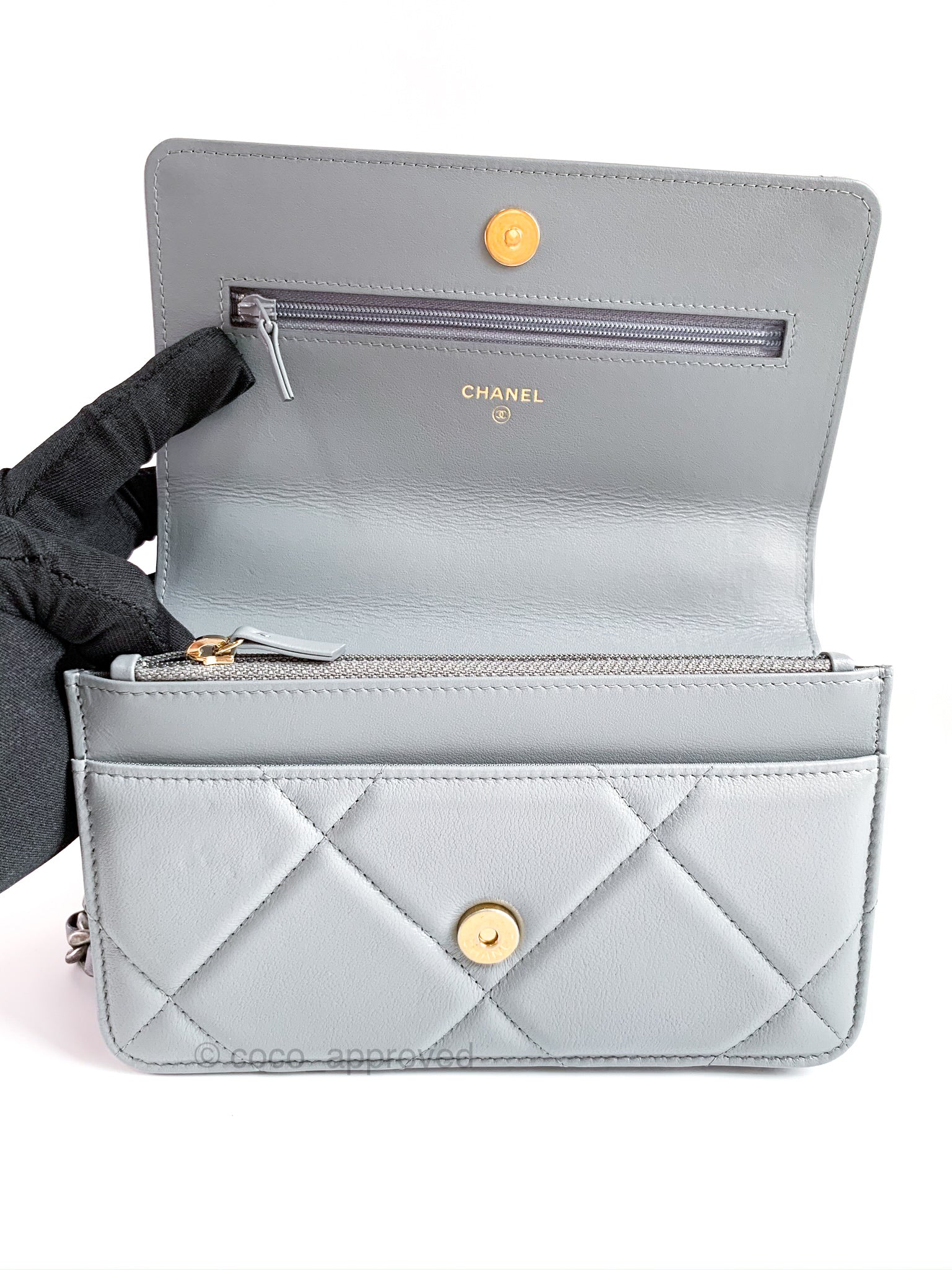 Chanel 19 Quilted Wallet on Chain WOC Grey Goatskin Mixed Hardware