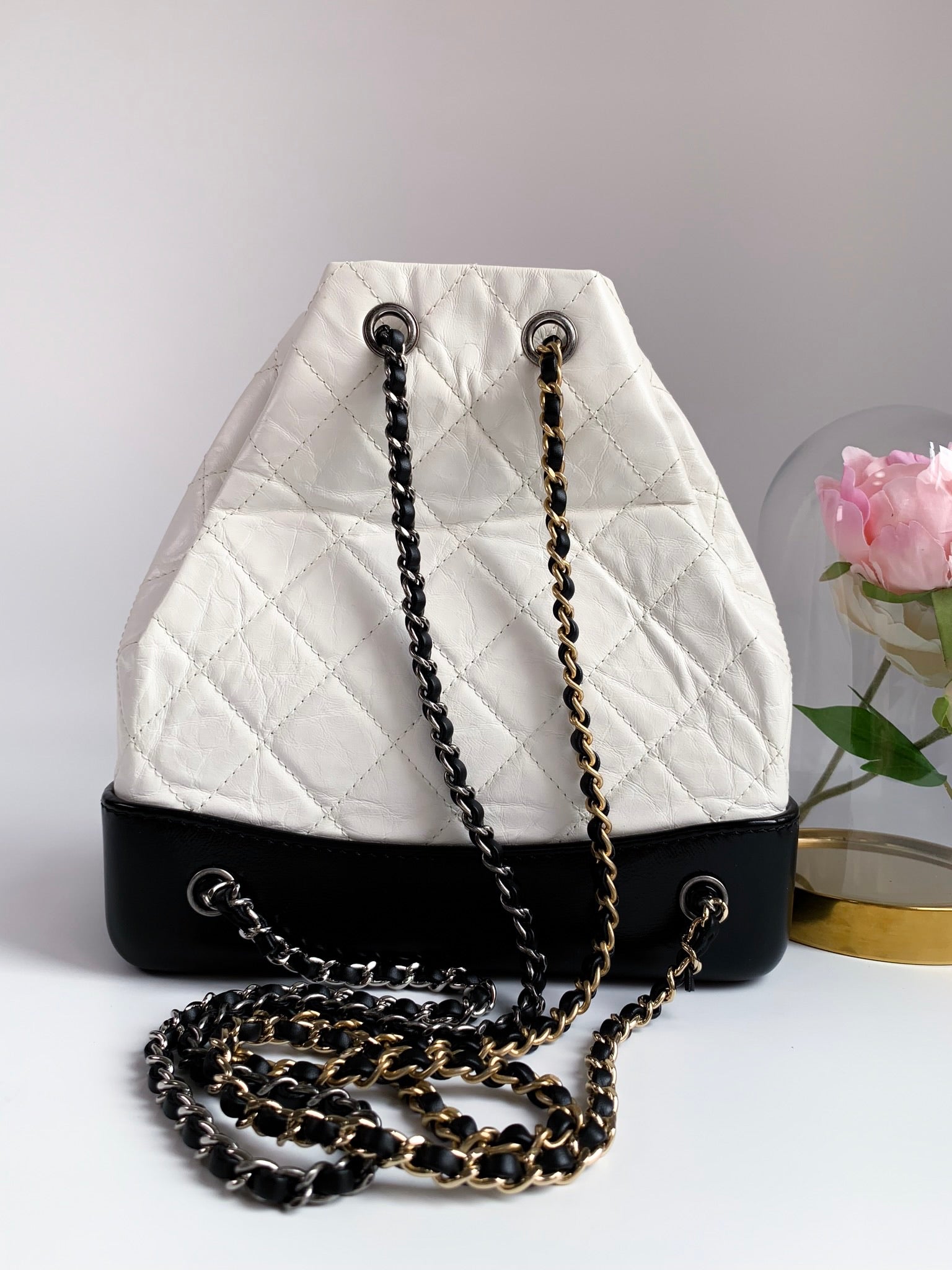 Chanel Gabrielle Backpack White Calfskin Black Base⁣ – Coco