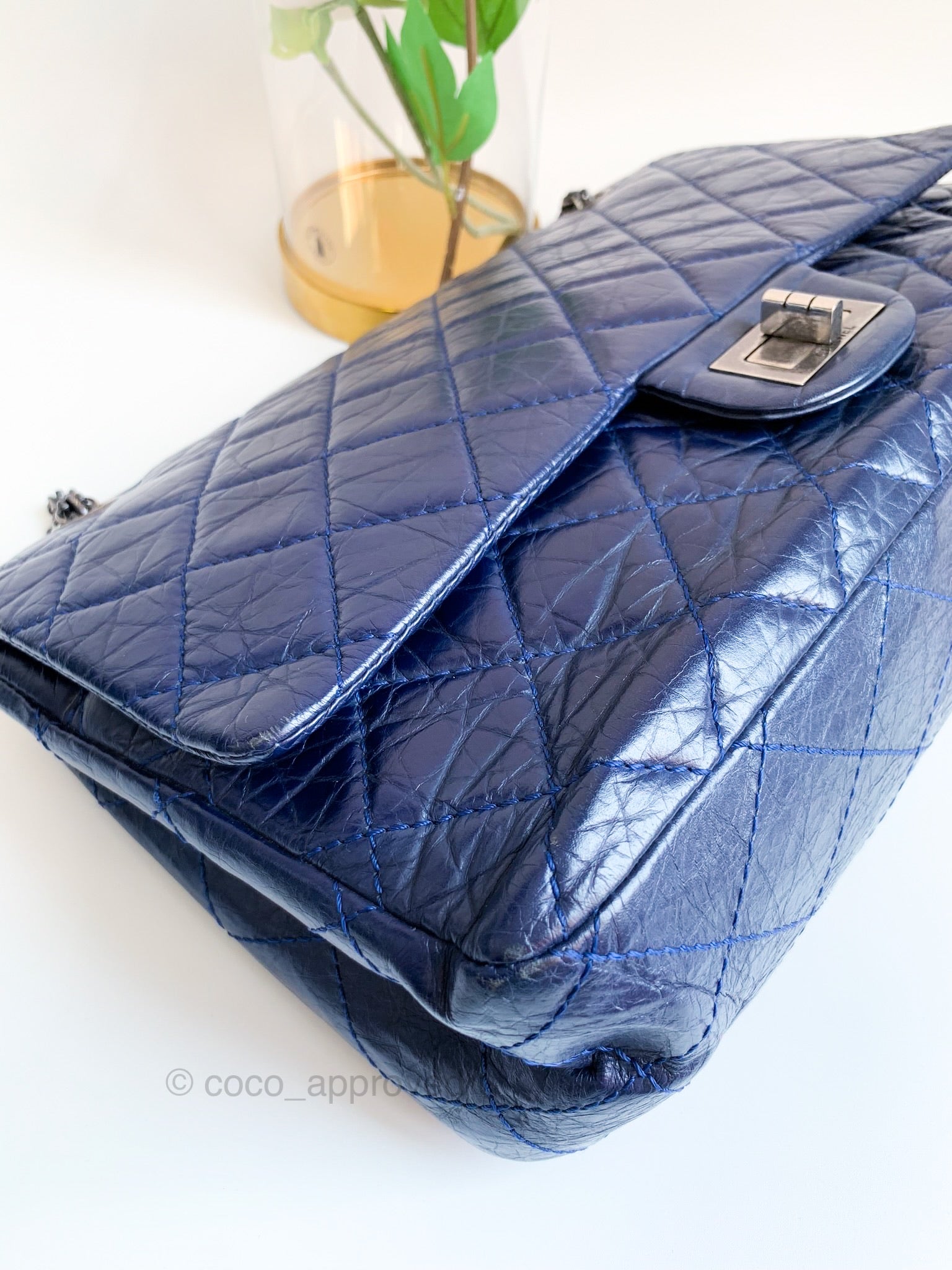 CHANEL Metallic Aged Lambskin Leather 2.55 Maxi Double Flap Bag Blue